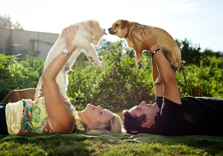 Spring summer couple laying on ground holding dogs up